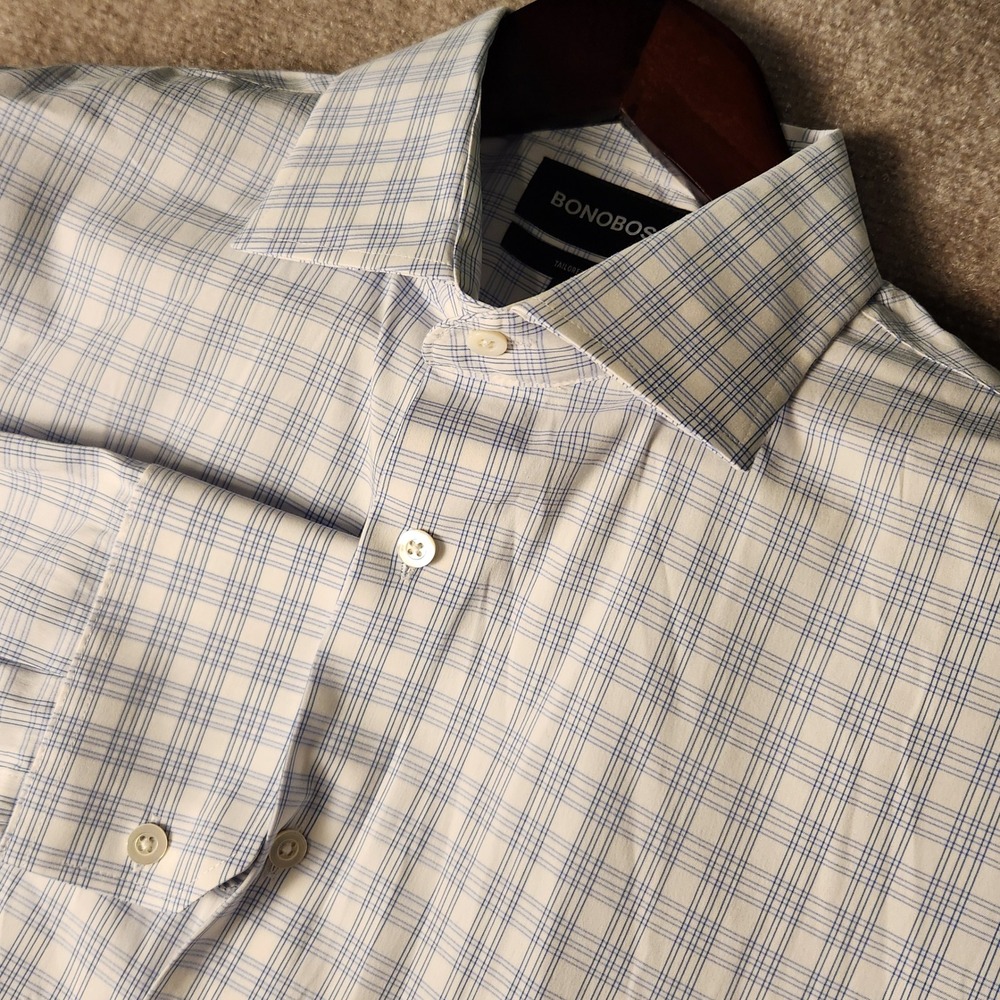 Bonobos Dress Shirt Men 17 35 Blue White Plaid Tailored Fit Long Sleve Button Up